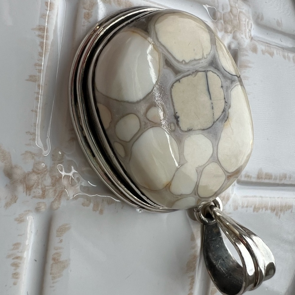 Vintage Sterling Silver Large Oval Stone Pendant Cabochon - Picture 3 of 9